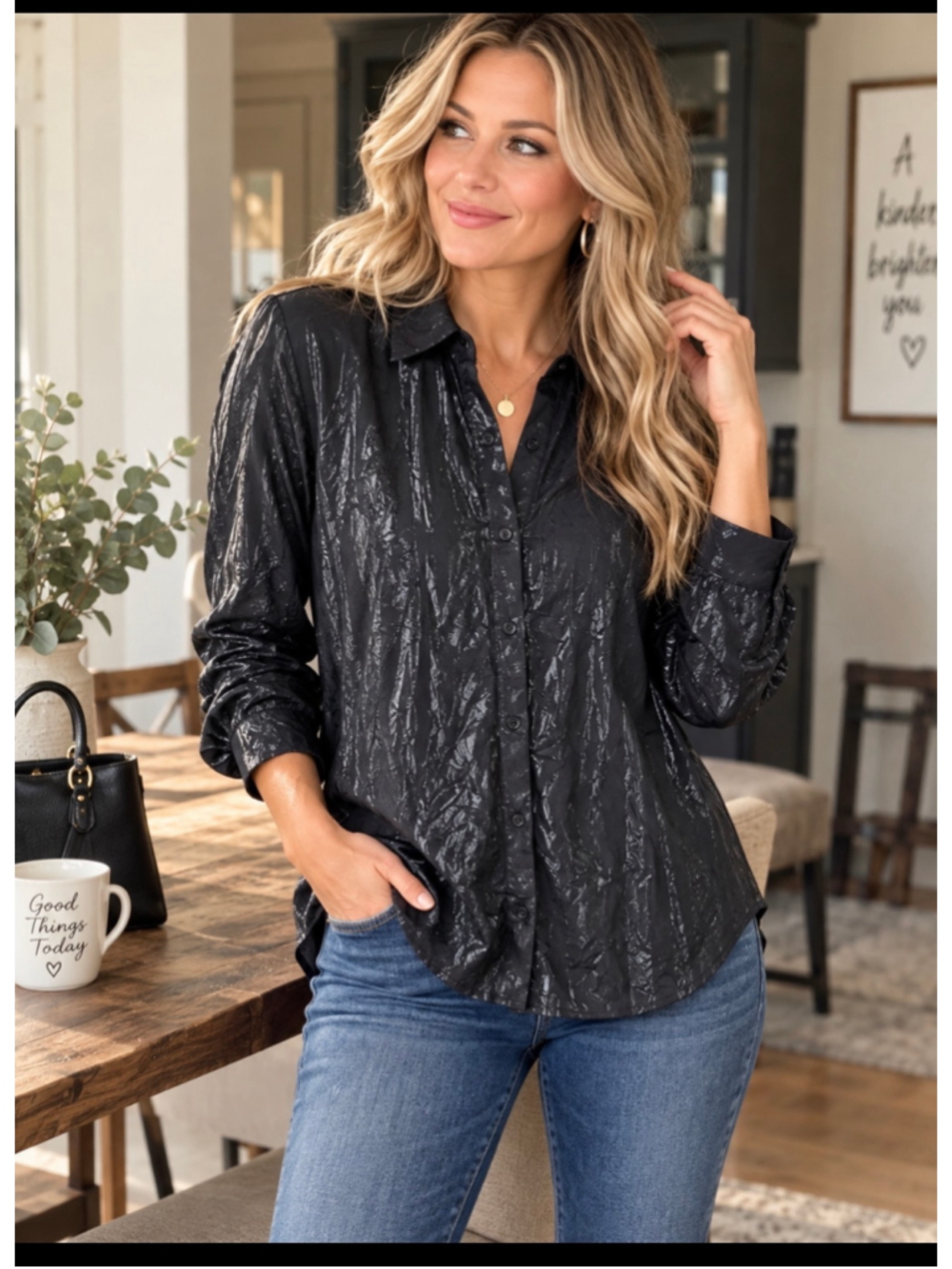 Women's Skies Are Blue Black Button Down Shirt Size L